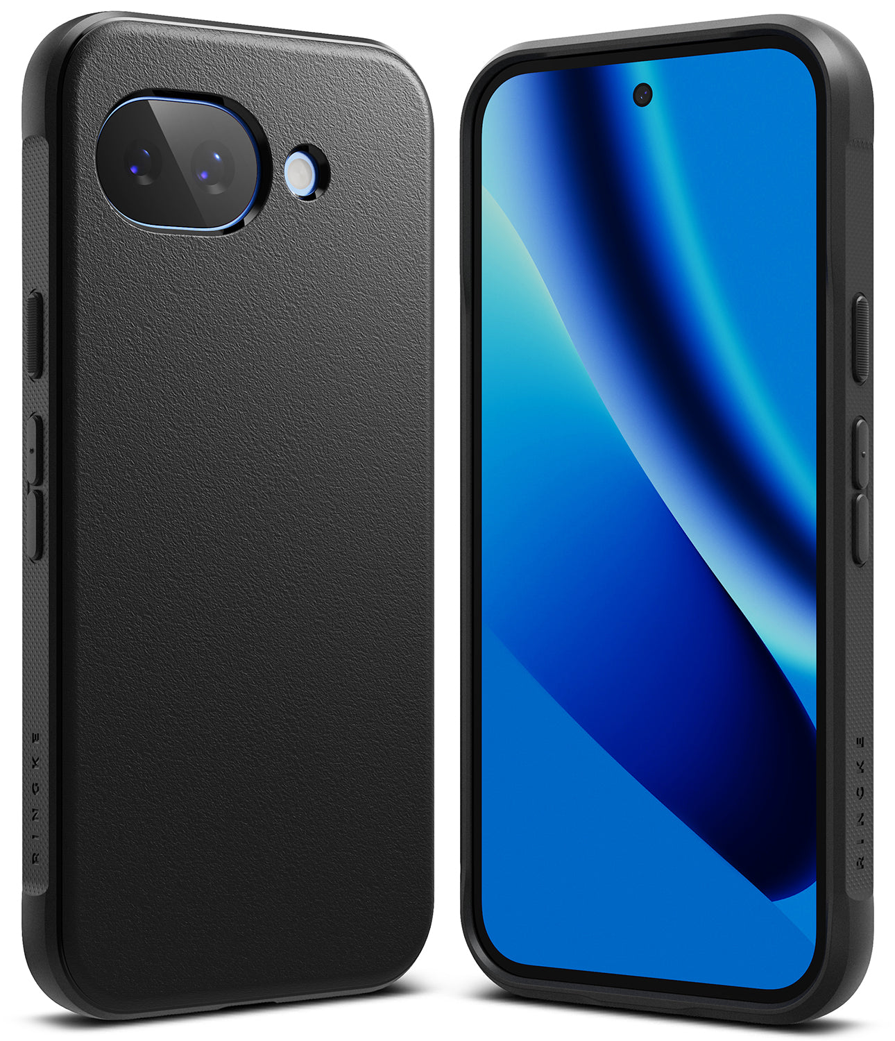 Google Pixel 10a Case | Onyx - Matte black phone case shown from back and front with a blue screen display.