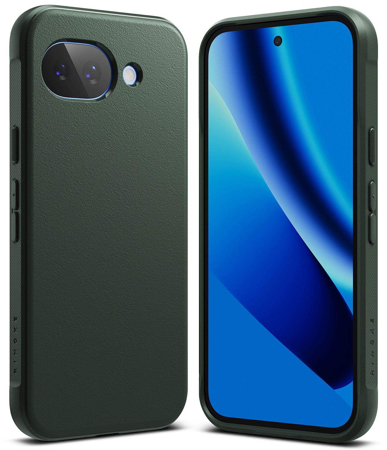 Google Pixel 10a Case | Onyx - Matte dark green phone case shown from back and front with a blue screen display.