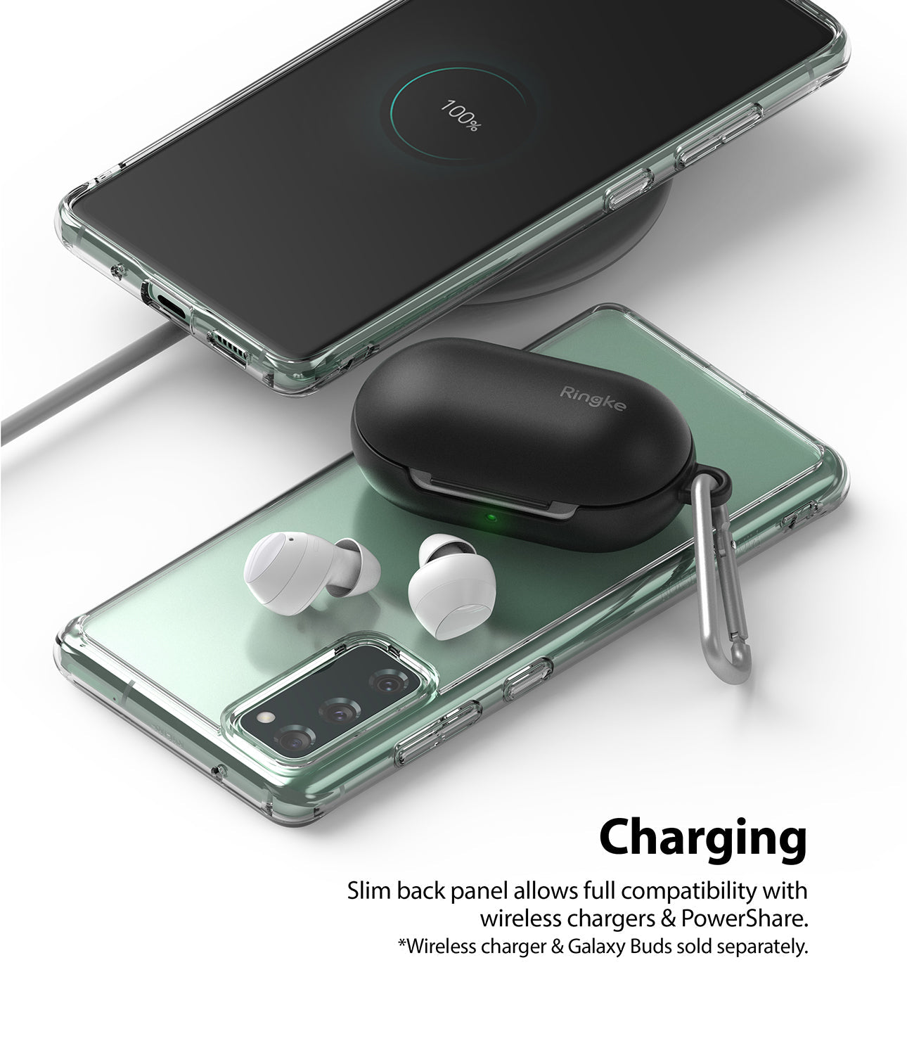 slim back panel allows full compatibility with wireless chargers and powershare