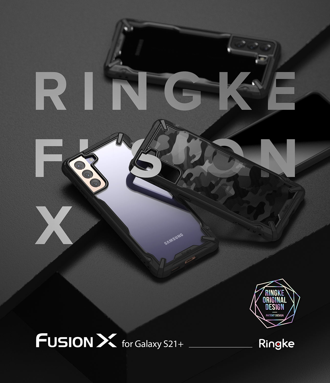 Galaxy S21 Plus Case | Fusion-X - Three Galaxy S21 Plus phones in black Fusion-X cases displayed against a dark, geometric background.