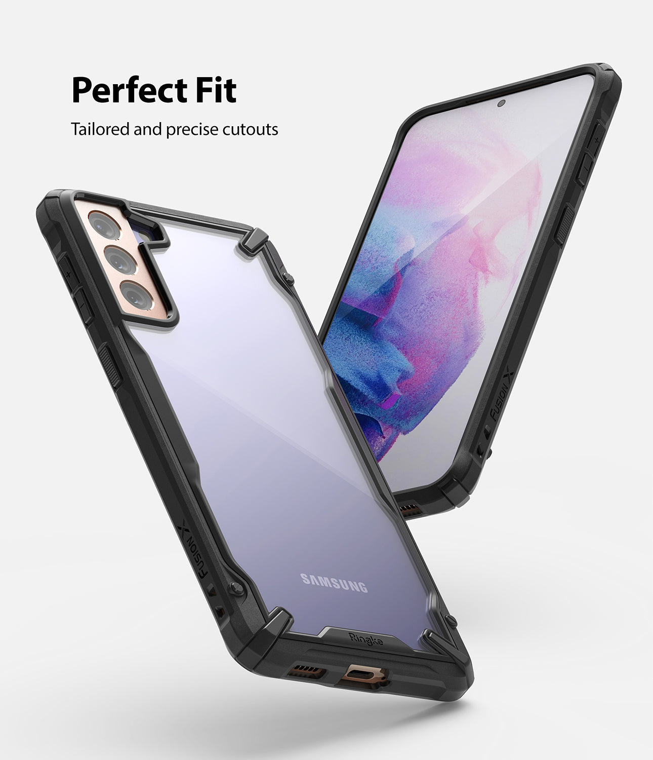 Galaxy S21 Plus Case | Fusion-X - Two views of a Galaxy S21 Plus in a black Fusion-X case with precise cutouts.