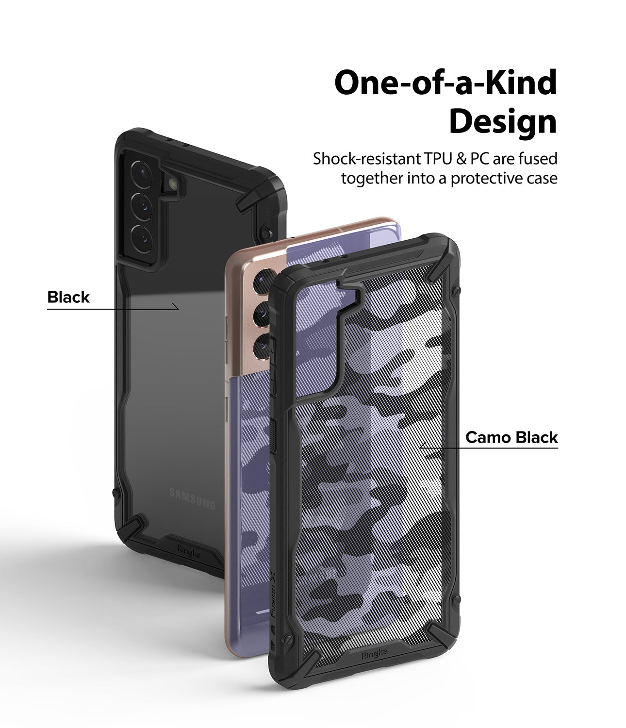 Galaxy S21 Plus Case | Fusion-X - Two Samsung Galaxy S21 Plus phones with black and camo black Fusion-X protective cases.