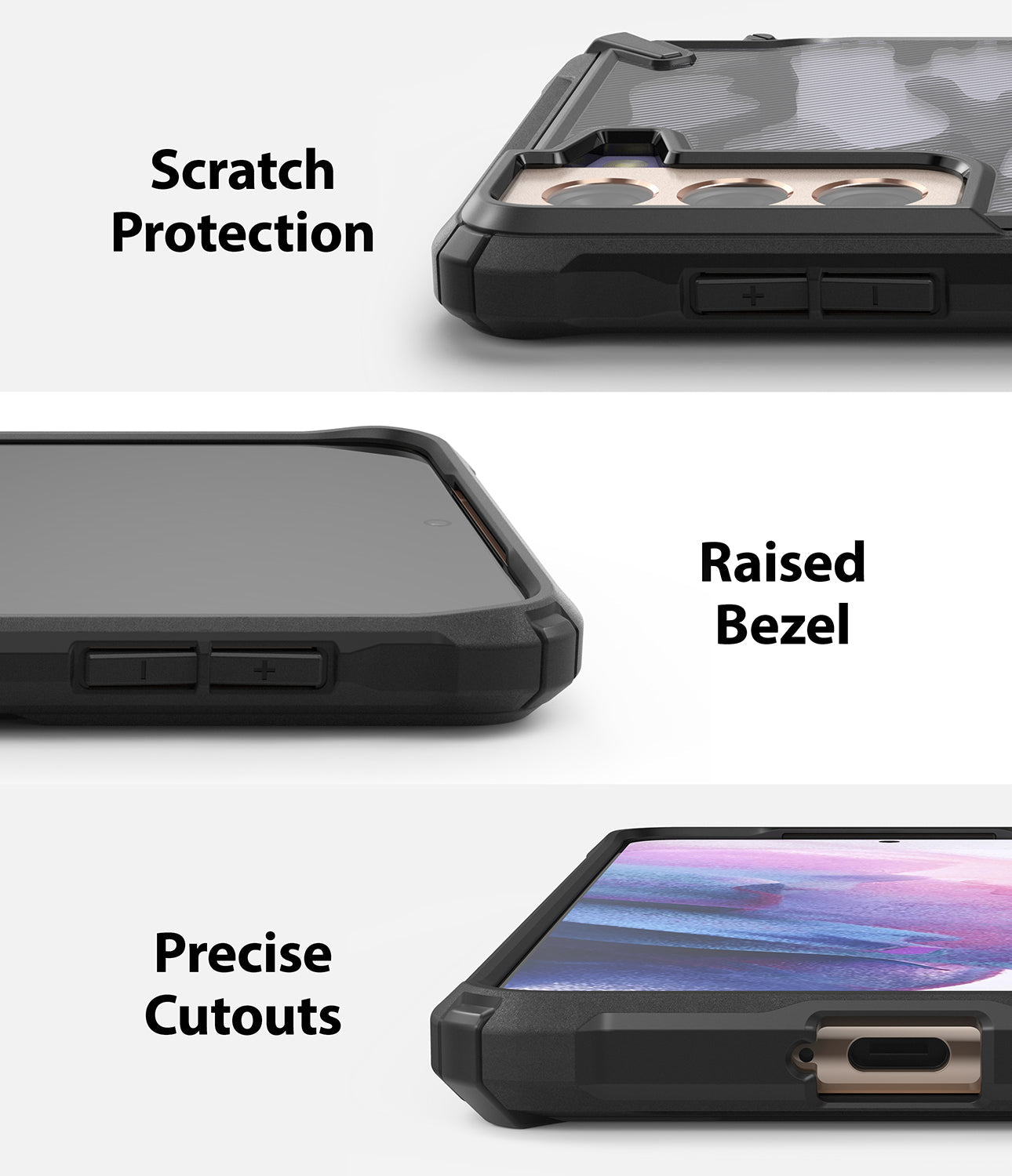 Galaxy S21 Plus Case | Fusion-X - Three close-up views showing scratch protection, raised bezels, and precise port cutouts.