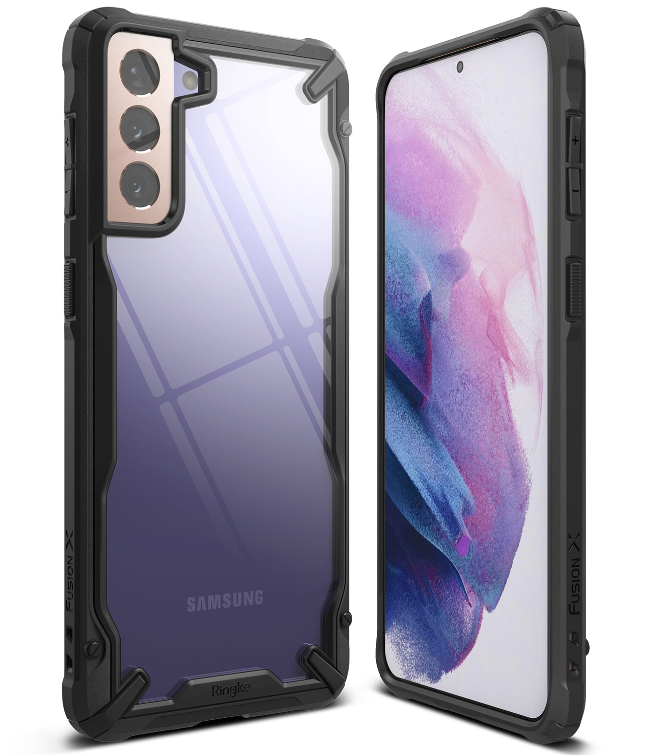 Galaxy S21 Case | Fusion-X - Samsung Galaxy S21 with a clear, rugged black Fusion-X protective case shown from front and back.