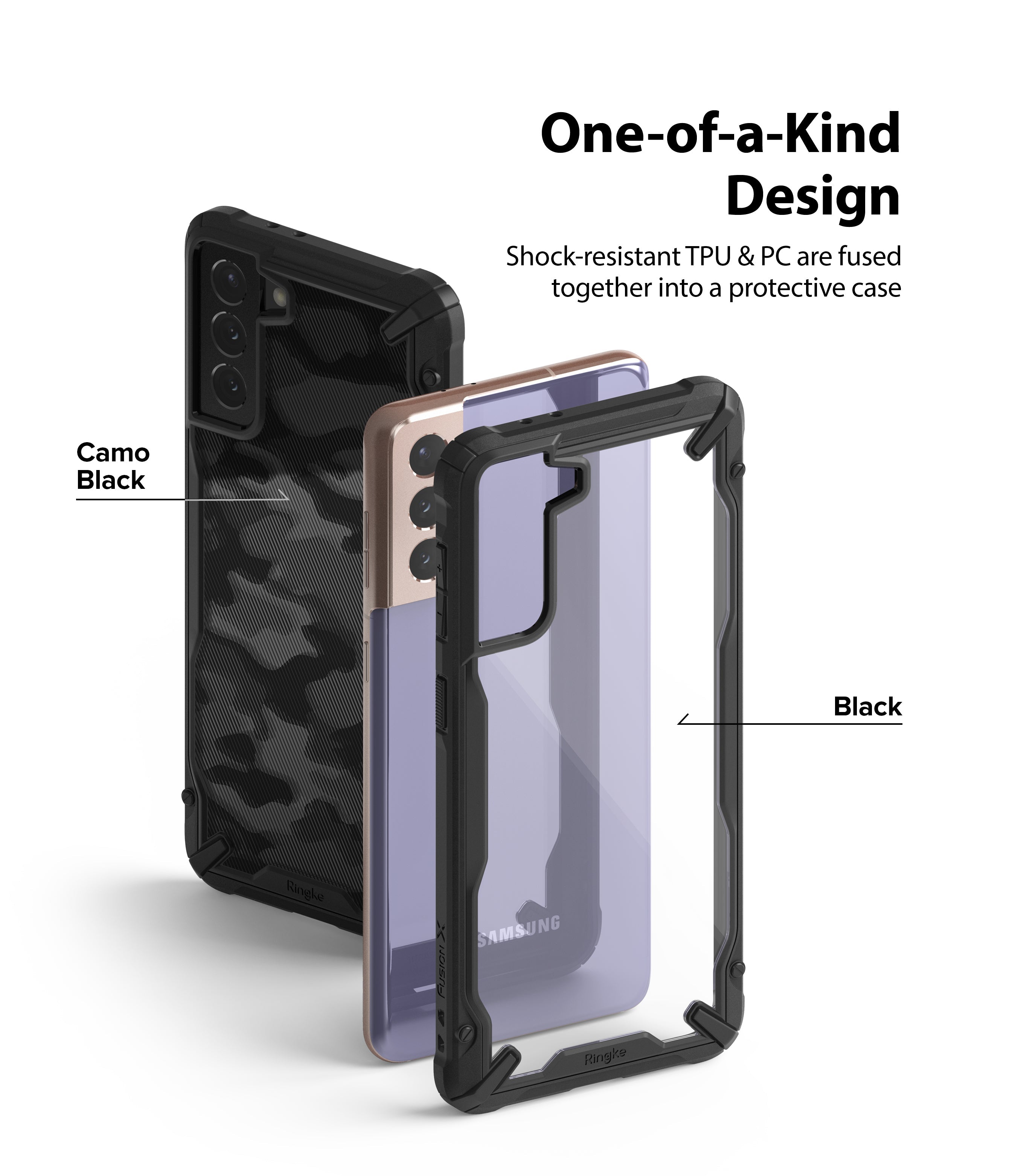 Galaxy S21 Case | Fusion-X - Exploded view of a Samsung Galaxy S21 with Camo Black and clear black protective phone cases.
