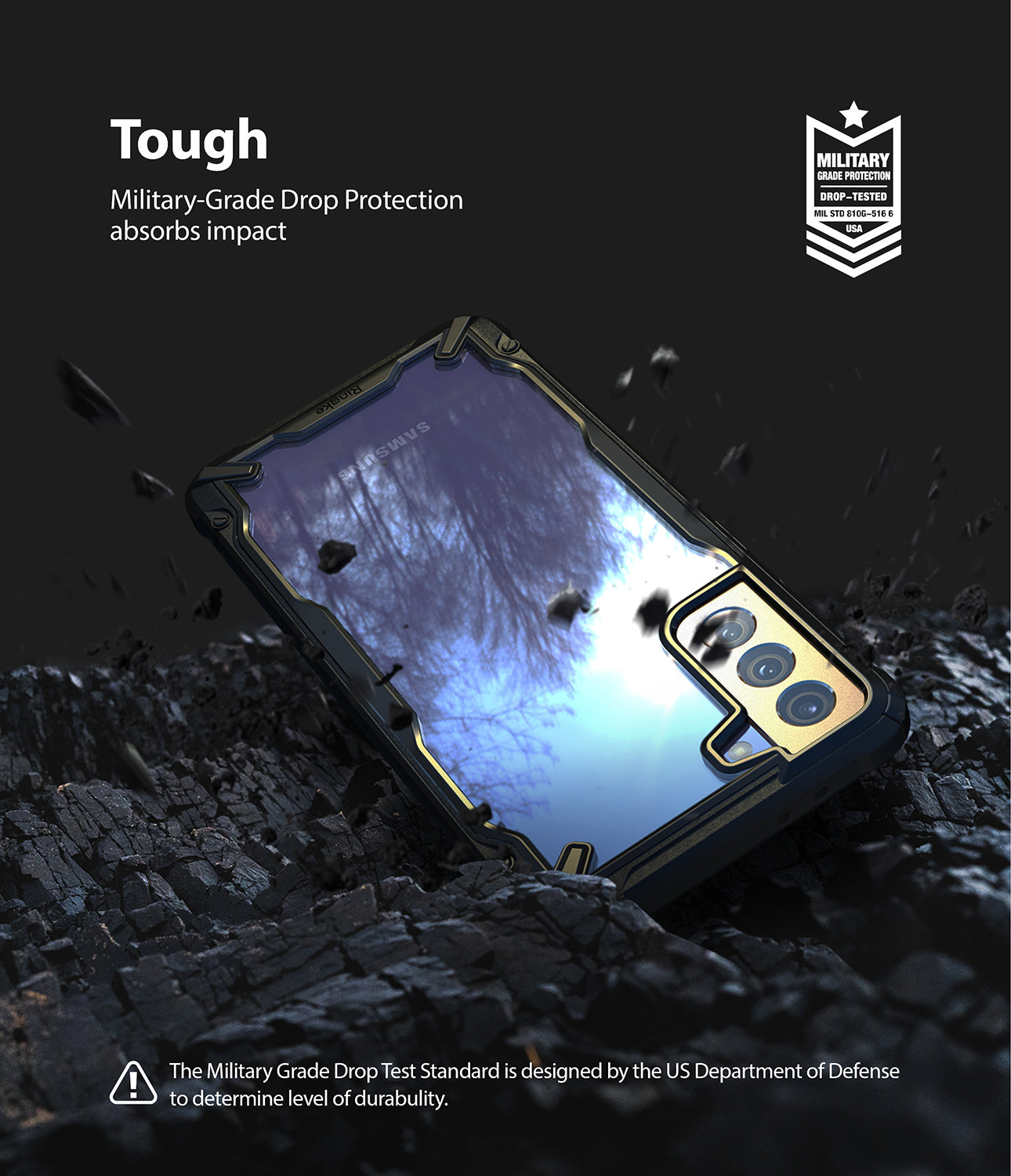 Galaxy S21 Case | Fusion-X - Rugged phone case on charred ground with military-grade drop protection text and badge.