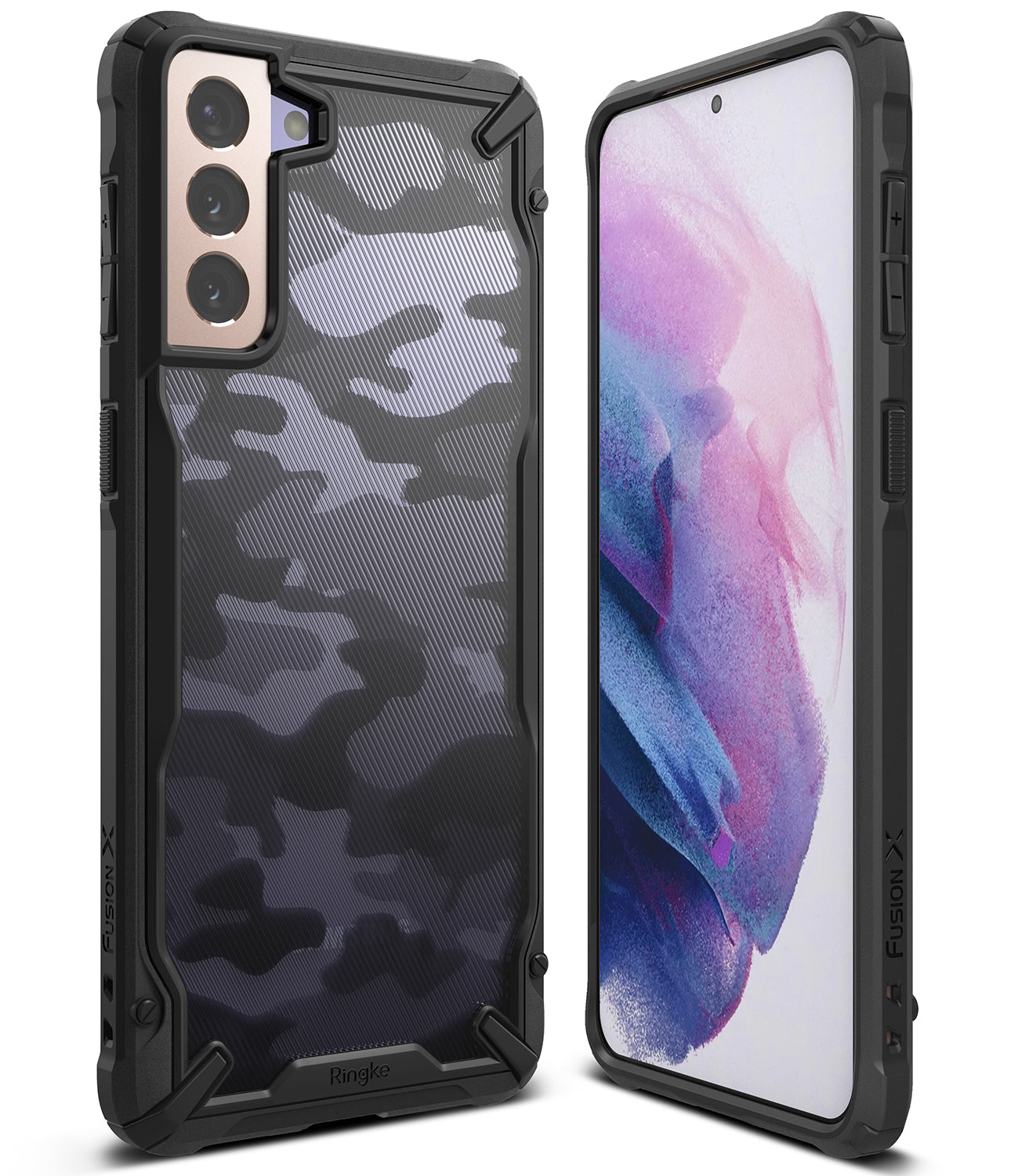 Galaxy S21 Case | Fusion-X - Black camouflage phone case with rugged bumper edges shown from front and back angles.