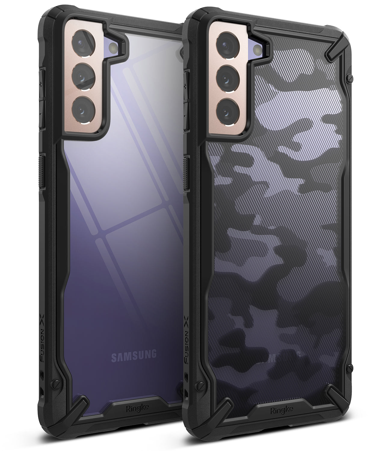 Galaxy S21 Case | Fusion-X - Two Samsung Galaxy S21 phones in black rugged cases, one clear and one with a black camo pattern.