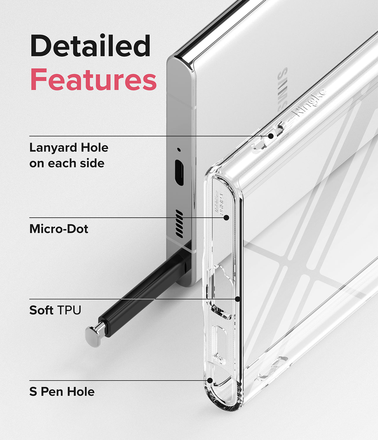 Galaxy S22 Ultra Case | Air - Clear - Detailed Features. Lanyard Hole on each side. Micro-Dot. Soft TPU. S Pen Hole.