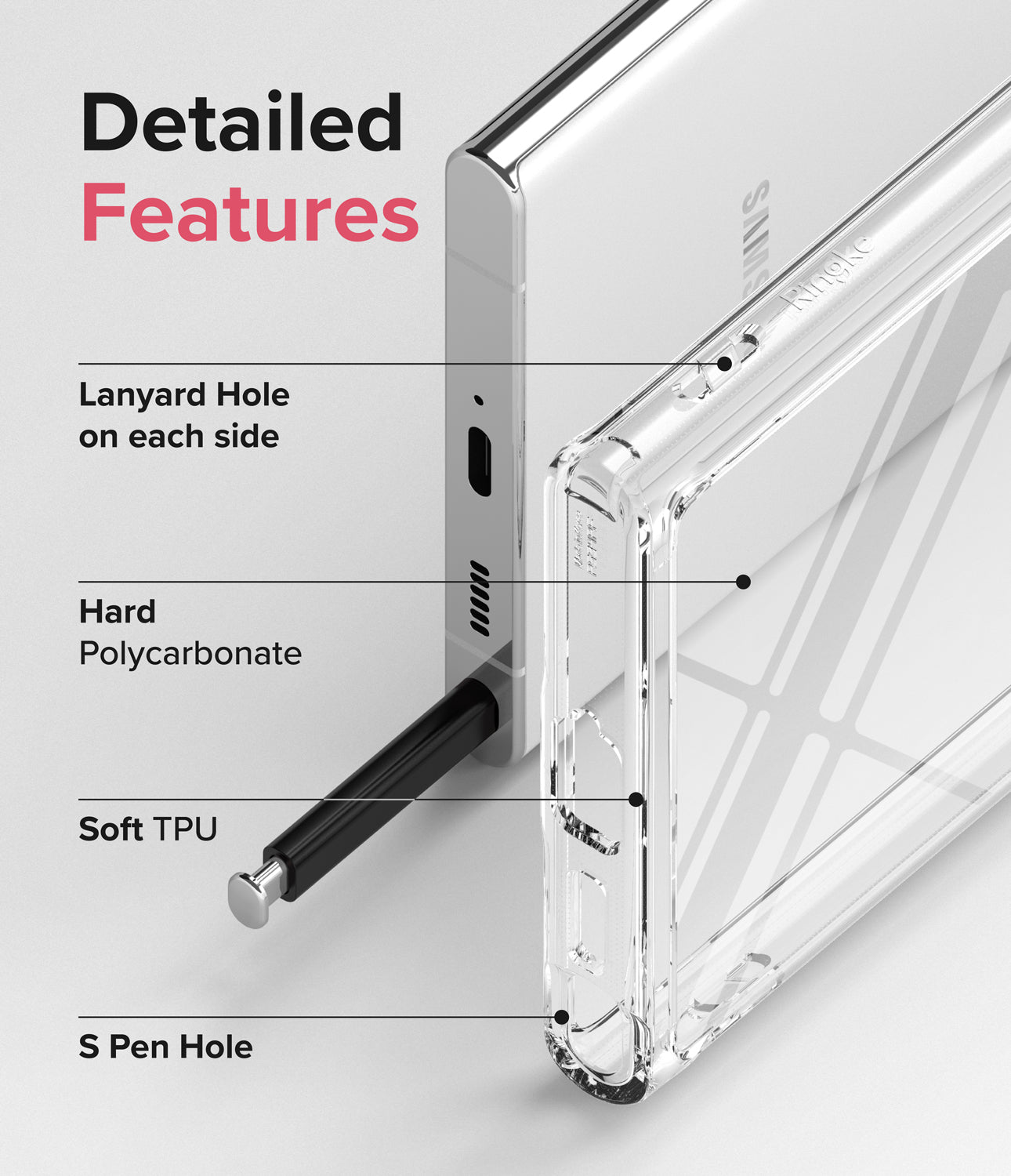Galaxy S22 Ultra Case | Fusion - Clear - Detailed Features. Lanyard Holes on each side. Hard Polycarbonate. Soft TPU. S Pen Hole.