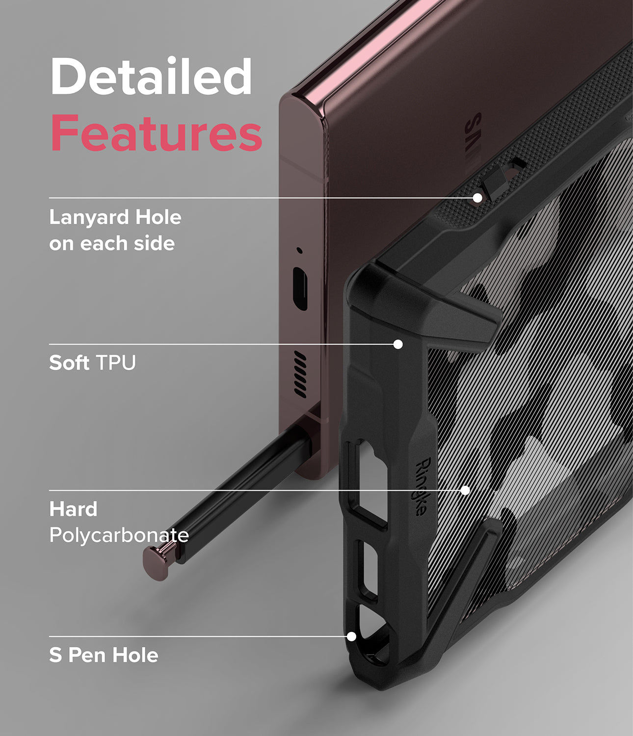 Galaxy S22 Ultra Case | Fusion-X - Camo Black - By Ringke - Detailed Features. Lanyard Hole on each side. Soft TPU. Hard Polycarbonate. S Pen Hole.