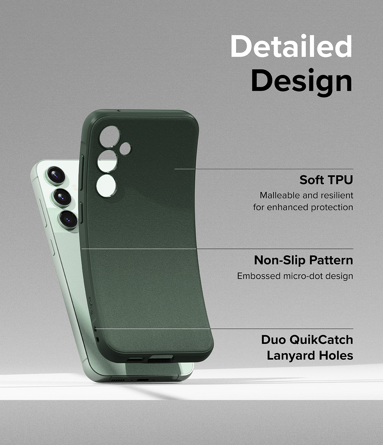 Galaxy S23 FE Case | Onyx-Dark Green - Detailed Design. Malleable and resilient for enhanced protection with Soft TPU. Embossed micro-dot design with Non-Slip Pattern. Duo QuikCatch Lanyard Holes