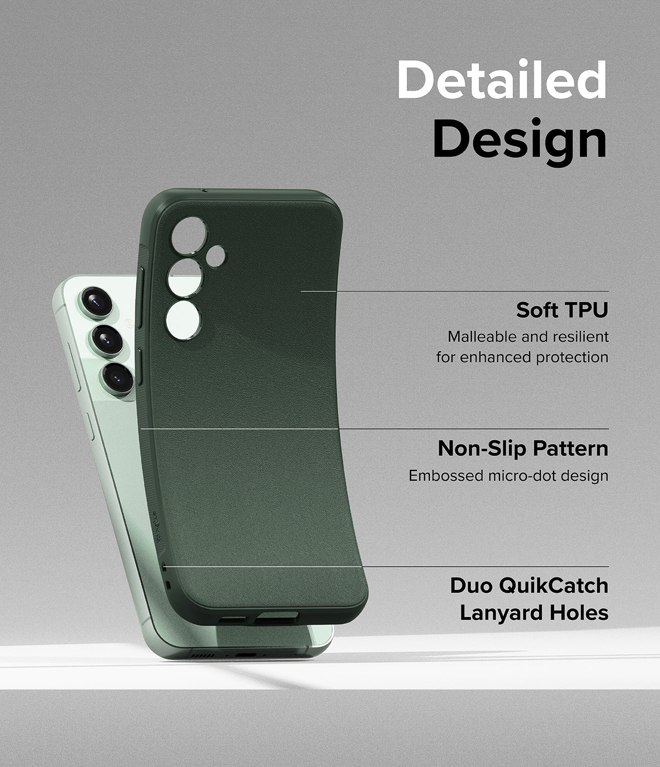 Galaxy S23 FE Case | Onyx-Dark Green - Detailed Design. Malleable and resilient for enhanced protection with Soft TPU. Embossed micro-dot design with Non-Slip Pattern. Duo QuikCatch Lanyard Holes