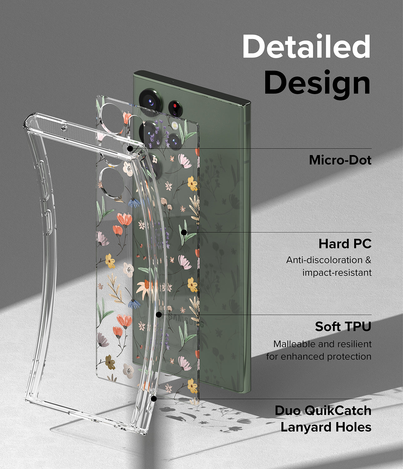 Galaxy S23 Ultra Case | Fusion Design Dry Flowers - Detailed Design. Micro-Dot . Anti-discoloration and impact-resistant with Hard PC. Malleable and resilient for enhanced protection with Soft TPU. Duo QuikCatch Lanyard Holes.