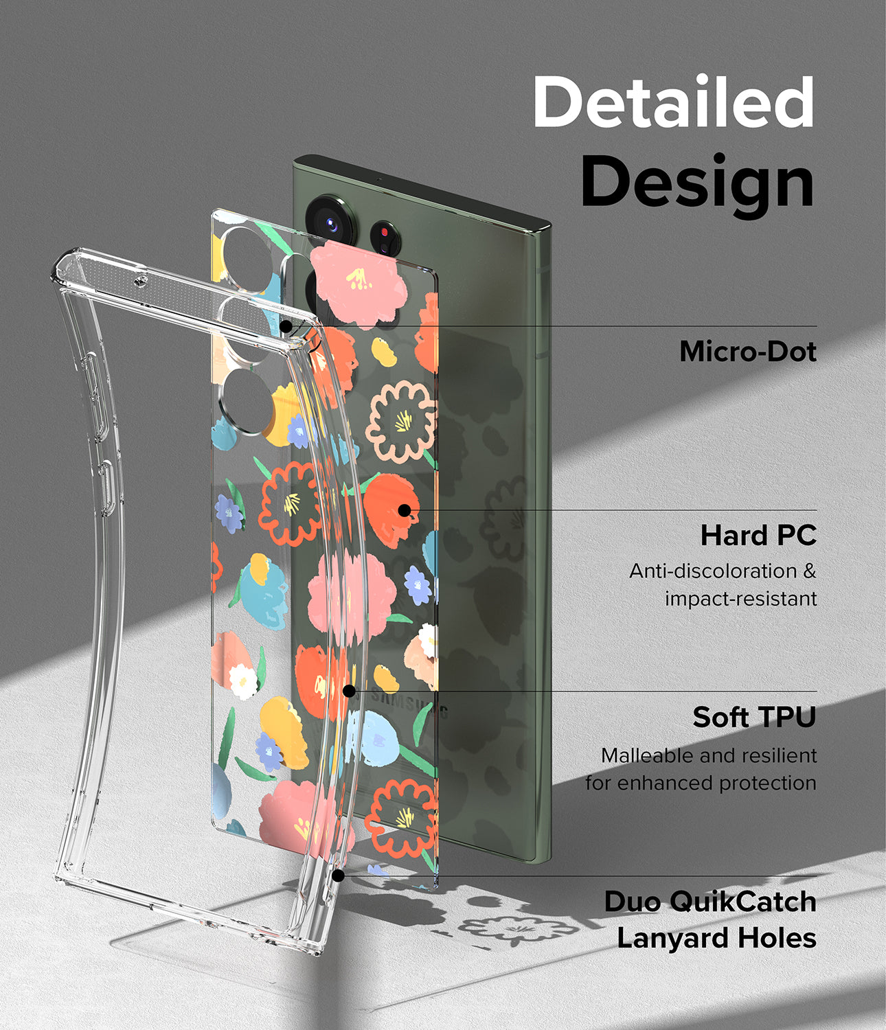 Galaxy S23 Ultra Case | Fusion Design Floral - Detailed Design. Micro-Dot. Anti-discoloration and impact-resistant with Hard PC. Malleable and resilient for enhanced protection with Soft TPU. Duo QuikCatch Lanyard Holes.