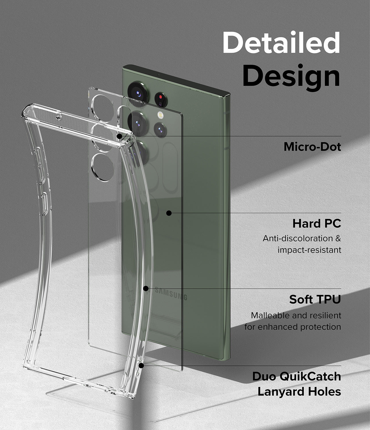Galaxy S23 Ultra Case | Fusion - Clear - Detailed Design. Micro-Dot. Anti-discoloration and impact-resistant with Hard PC. Malleable and resilient for enhanced protection with Soft TPU. Duo QuikCatch Lanyard Holes