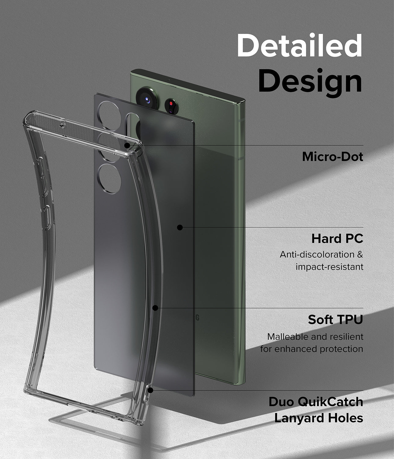 Galaxy S23 Ultra Case | Fusion - Matte Smoke Black - Detailed Design. Micro-Dot. Anti-discoloration and impact-resistant with Hard PC. Malleable and resilient for enhanced protection with Soft TPU. Duo QuikCatch Lanyard Holes.