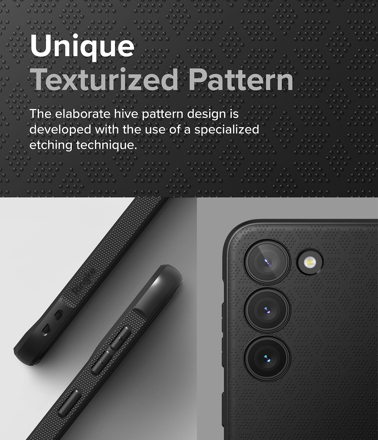 Galaxy S23 Plus Case | Onyx Black - Unique Texturized Pattern. The elaborate hive pattern design is developed with the use of a specialized etching technique.