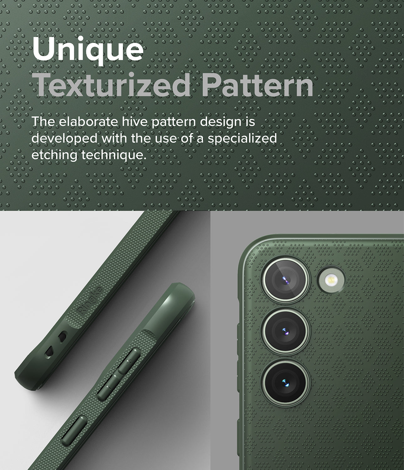 Galaxy S23 Plus Case | Onyx Dark Green - Unique Texturized Pattern. The elaborate hive pattern design is developed with the use of a specialized etching technique.