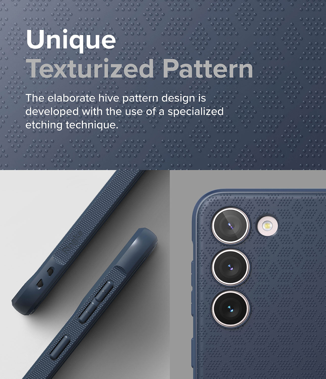 Galaxy S23 Plus Case | Onyx Navy - Unique Texturized Pattern. The elaborate hive pattern design is developed with the use of a specialized etching technique.