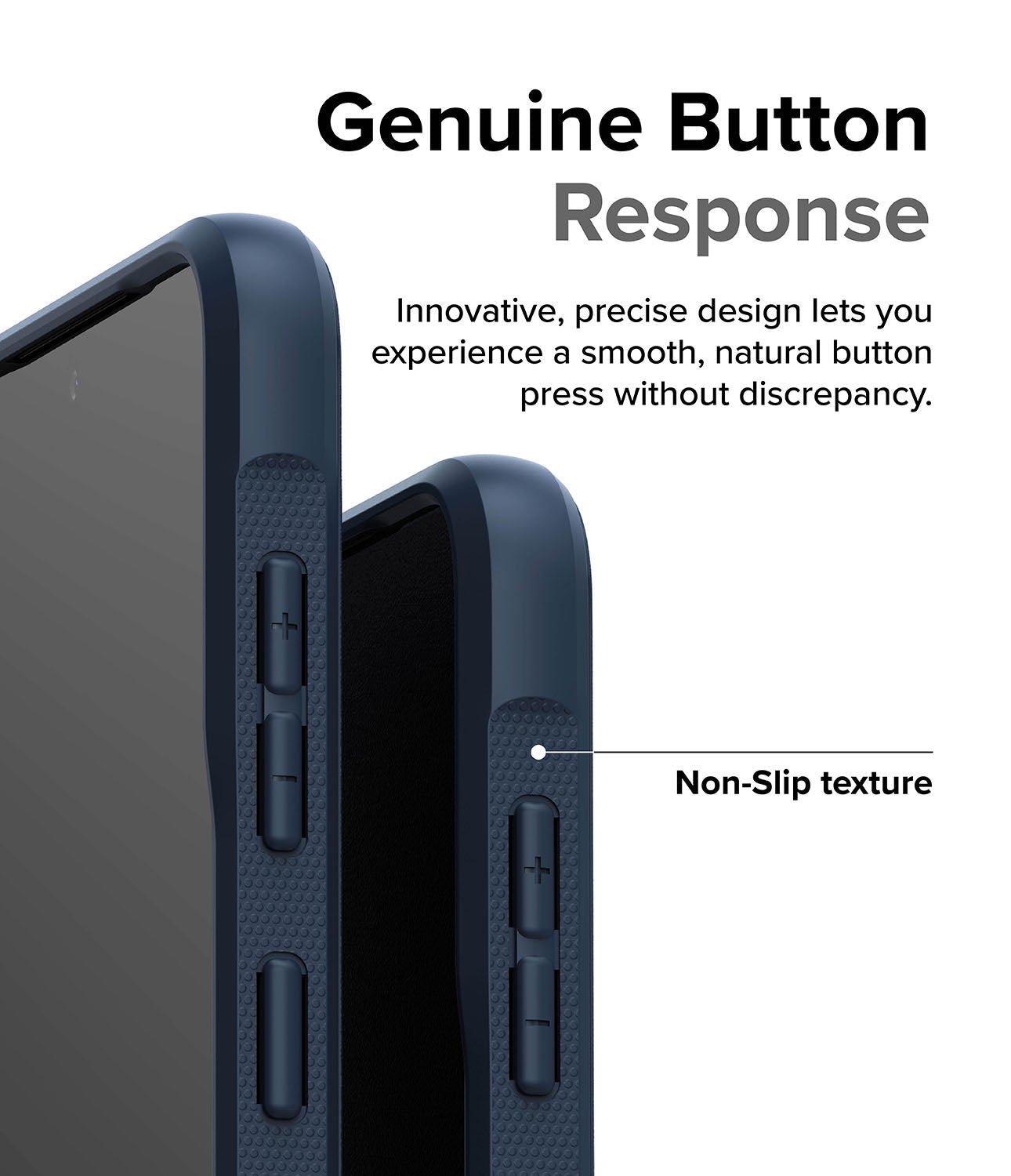 Galaxy S23 Plus Case | Onyx Navy - Genuine Button Response. Innovative, precise design lets you experience a smooth, natural button press without discrepancy. Non-Slip texture.