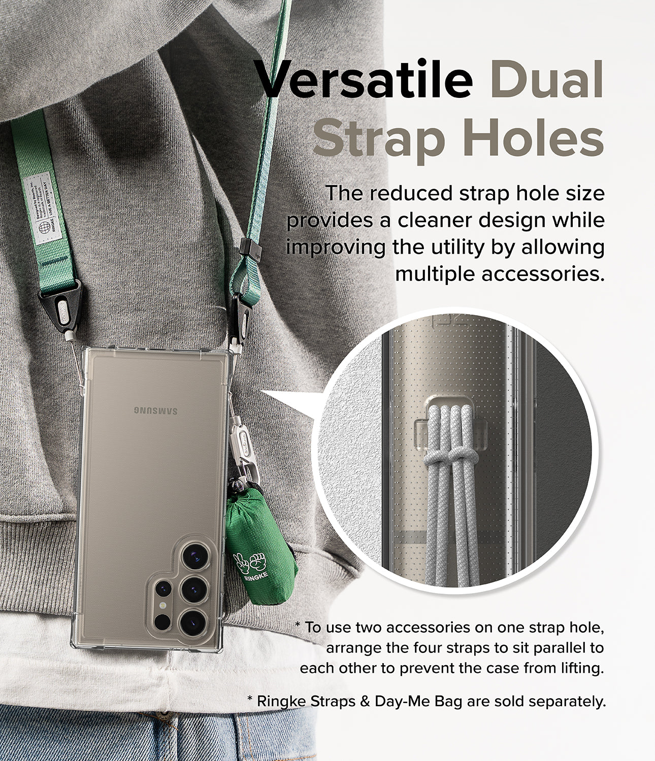 Galaxy S24 Ultra Case | Air Bumper - Versatile Dual Strap Holes. The reduced strap hole size provides a cleaner design while improving the utility by allowing multiple accessories.