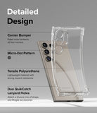 Galaxy S24 Ultra Case | Air Bumper - Detailed Design. Edge cover protects all four corners with Corner Bumper. Micro-Dot Pattern. Lightweight material with strong impact resistance with Tensile Polyurethane. Attach a diverse mix of straps and Ringke accessories with Duo QuikCatch Lanyard Holes.