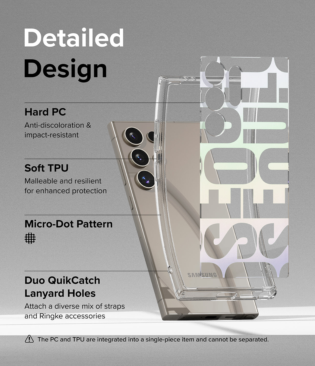 Galaxy S24 Ultra Case | Fusion Design - Seoul - Detailed Design. Anti-discoloration and impact-resistant with Hard PC. Malleable and resilient for enhanced protection with Soft TPU. Micro-Dot Pattern. Attach a diverse mix of straps and Ringke accessories with Duo QuikCatch Lanyard Holes.