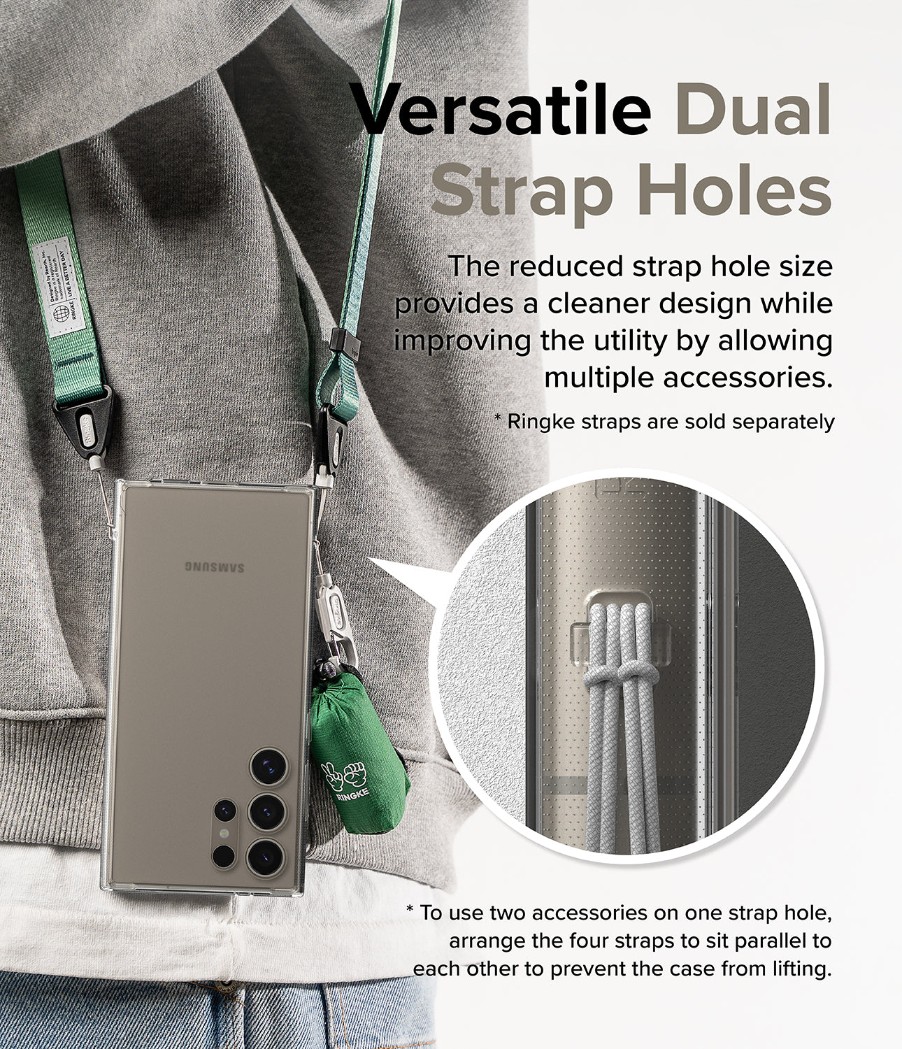 Galaxy S24 Ultra Case | Fusion Matte - Versatile Dual Strap Holes. The reduced strap hole size provides a cleaner design while improving the utility by allowing multiple accessories.