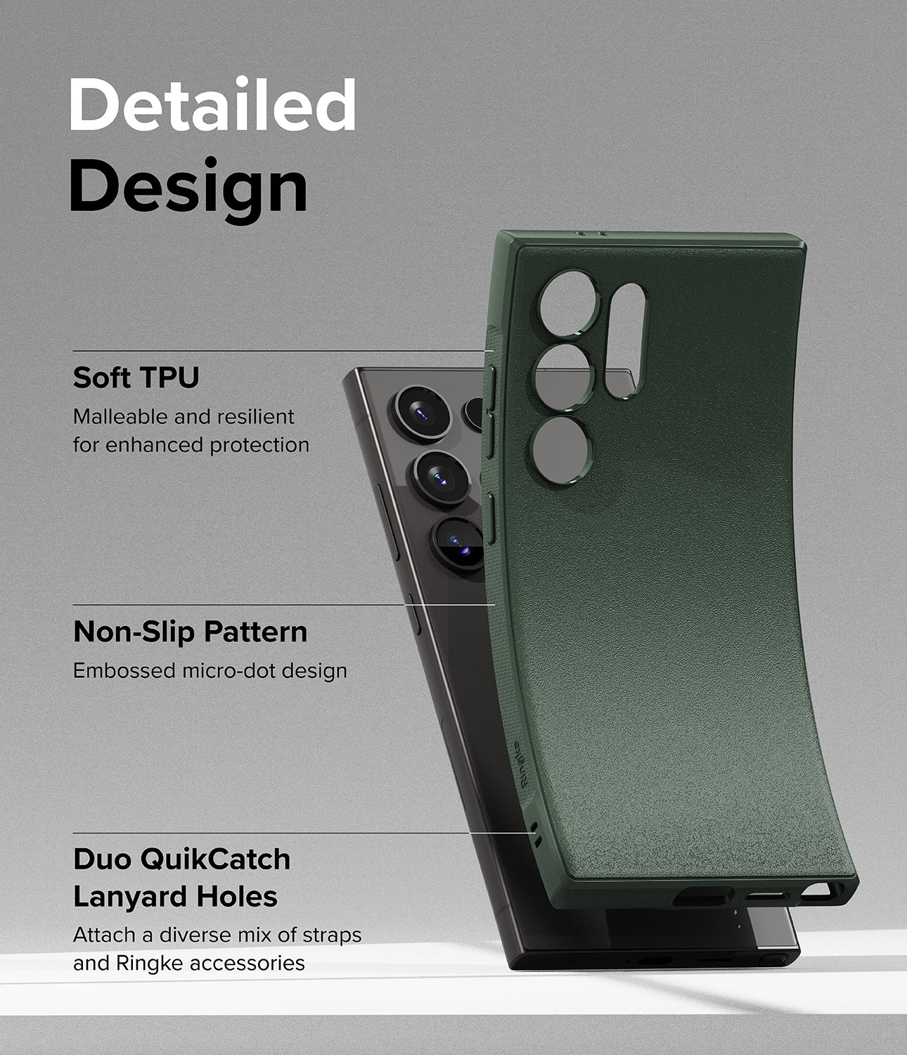 Galaxy S24 Ultra Case | Onyx - Dark Green - Detailed Design. Malleable and resilient for enhanced protection with Soft TPU. Embossed micro-dot design with Non-slip Pattern. Attach a diverse mix of straps and Ringke accessories.