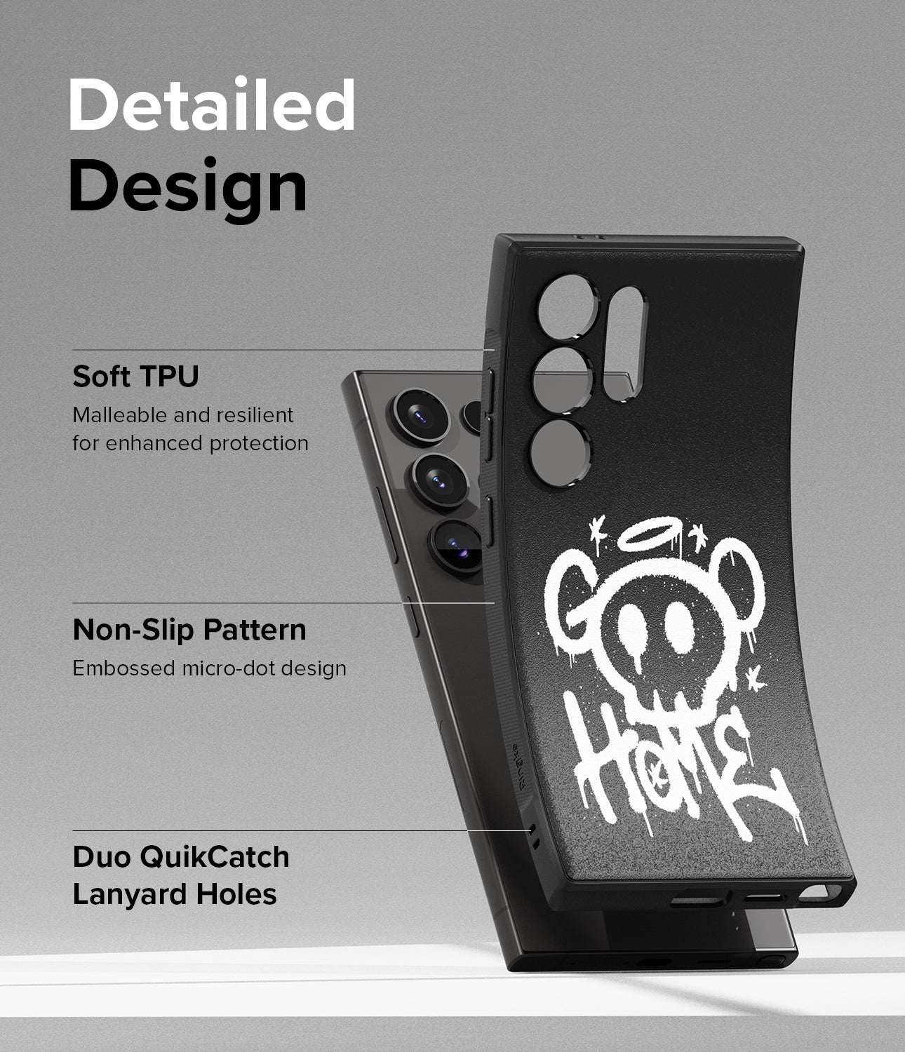 Galaxy S24 Ultra Case | Onyx Design - Graffiti 2 - Detailed Design. Malleable and resilient for enhanced protection with Soft TPU. Embossed micro-dot design with Non-Slip Pattern. Duo QuikCatch Lanyard Holes.