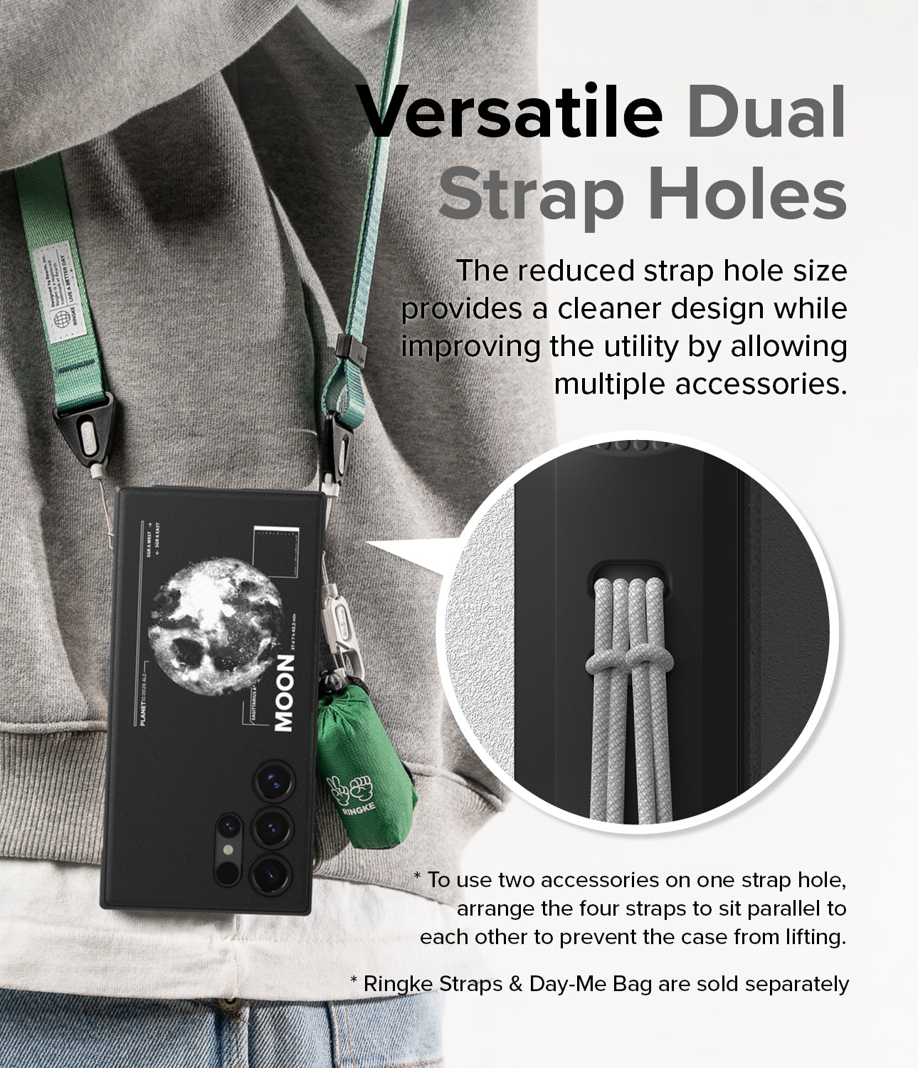 Galaxy S24 Ultra Case | Onyx Design - Moon - Versatile Dual Strap Holes. The reduced strap hole size provides a cleaner design while improving the utility by allowing multiple accessories.