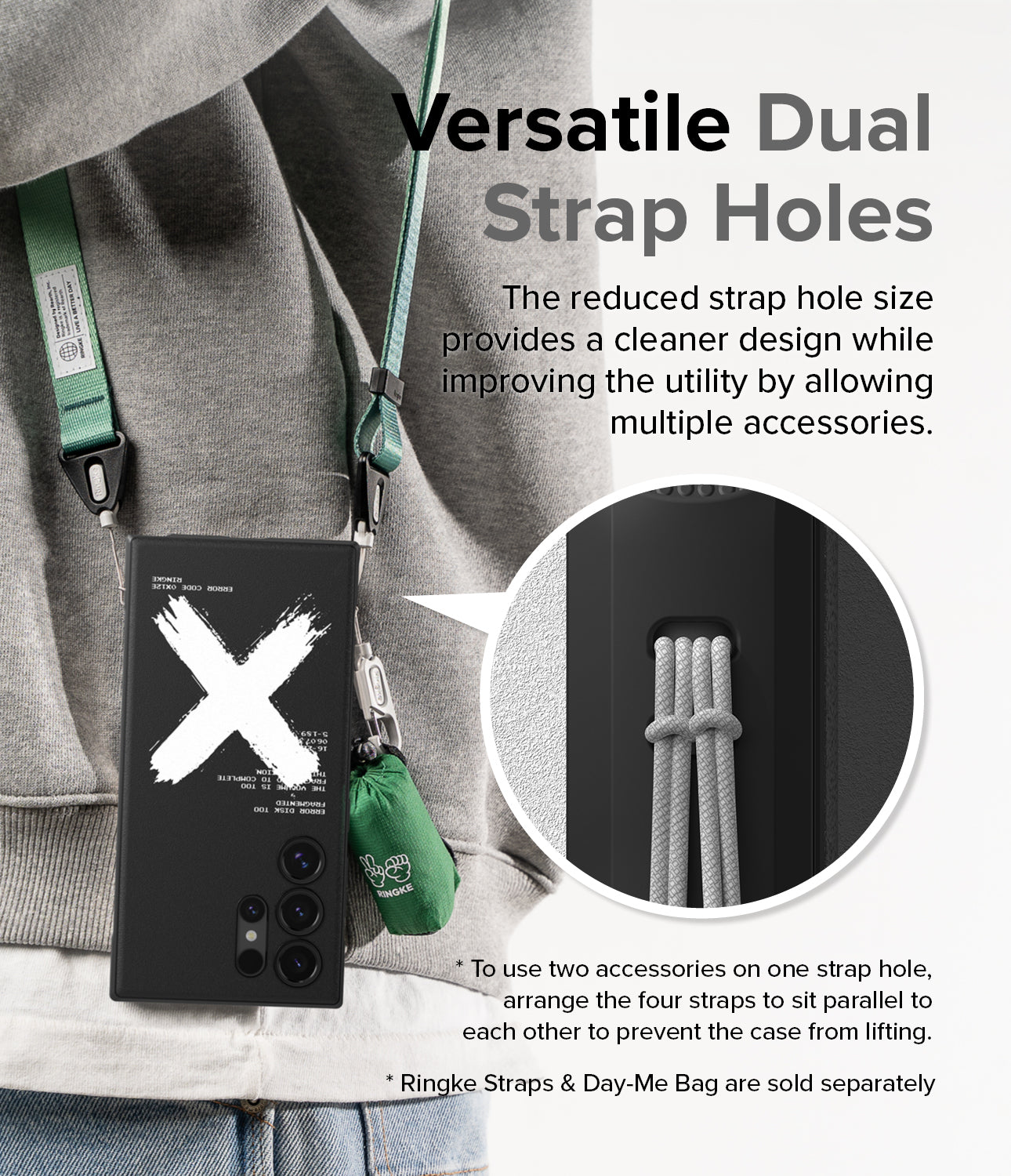 Galaxy S24 Ultra Case | Onyx Design - X - Versatile Dual Strap Holes. The reduced strap hole size provides a cleaner design while improving the utility by allowing multiple accessories.