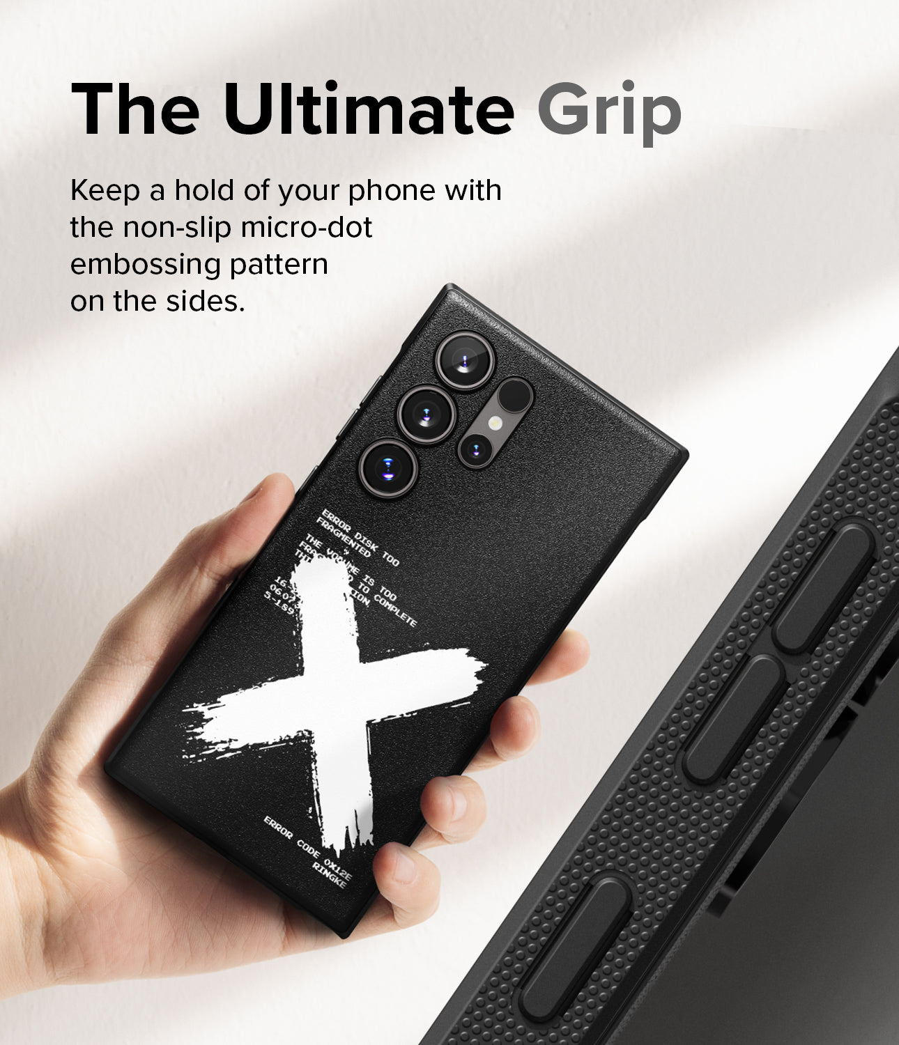 Galaxy S24 Ultra Case | Onyx Design - X - The Ultimate Grip. Keep a hold of your phone with the non-slip micro-dot embossing pattern on the sides.