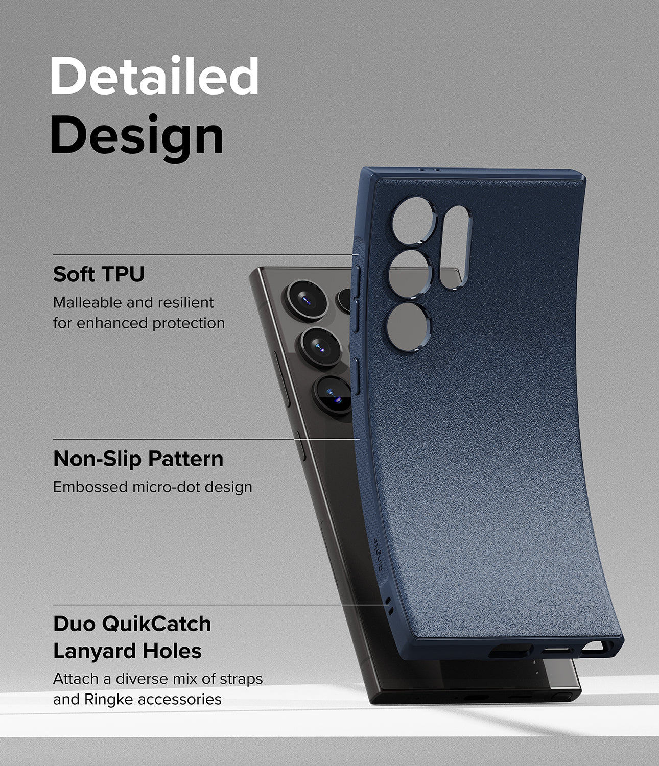 Galaxy S24 Ultra Case | Onyx - NavyGalaxy S24 Ultra Case | Onyx - Navy - Detailed Design. Malleable and resilient for enhanced protection with Soft TPU. Embossed micro-dot design with Non-Slip Pattern. Attach a diverse mix of straps and Ringke accessories with Duo QuikCatch Lanyard Holes.