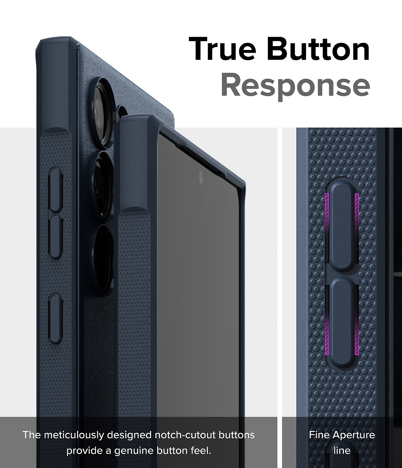 Galaxy S24 Ultra Case | Onyx - NavyGalaxy S24 Ultra Case | Onyx - Navy - True Button Response. The meticulously designed notch-cutout buttons provide a genuine button feel. Fine Aperture Line.