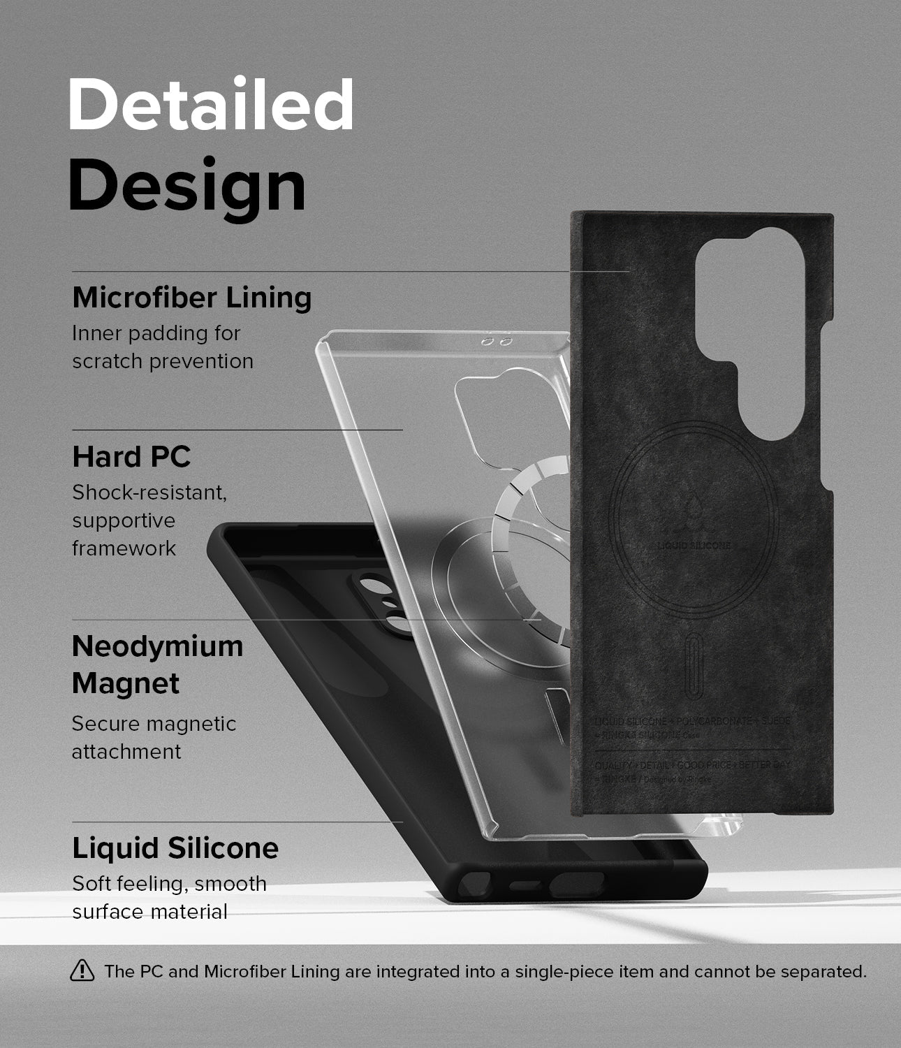 Galaxy S24 Ultra Case | Silicone Magnetic - Detailed Design. Microfiber Lining. Inner padding for scratch prevention. Shock-resistant, supportive framework with Hard PC. Secure magnetic attachment with Neodymium Magnet. Liquid Silicone for soft feeling, smooth surface material.