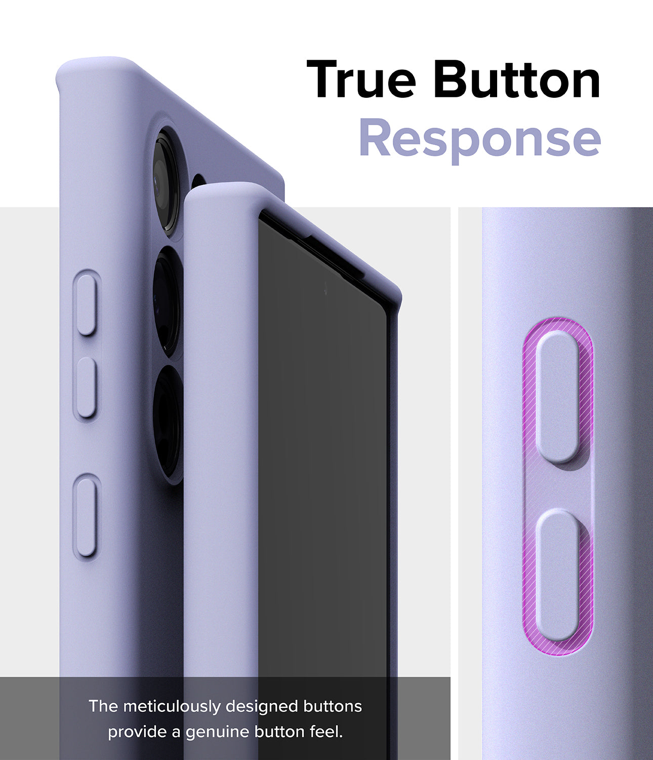 Galaxy S24 Ultra Case | Silicone Magnetic - Lavender - True Button Response. The meticulously designed buttons provide a genuine button feel.