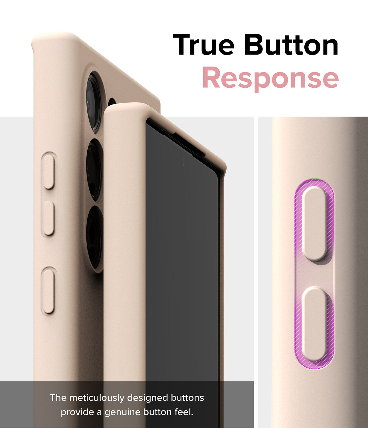 Galaxy S24 Ultra Case | Silicone Magnetic - Pink Sand - True Button Response. The meticulously designed buttons provide a genuine button feel.