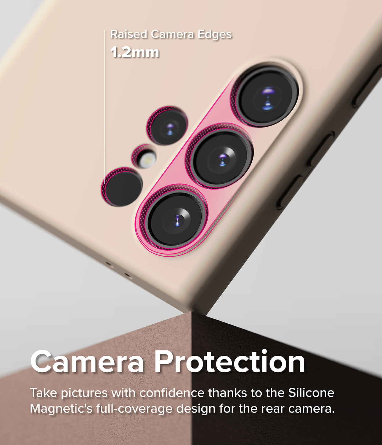 Galaxy S24 Ultra Case | Silicone Magnetic - Pink Sand - Camera Protection. Take pictures with confidence thanks to the Silicone Magnetic's full-coverage design for the rear camera.