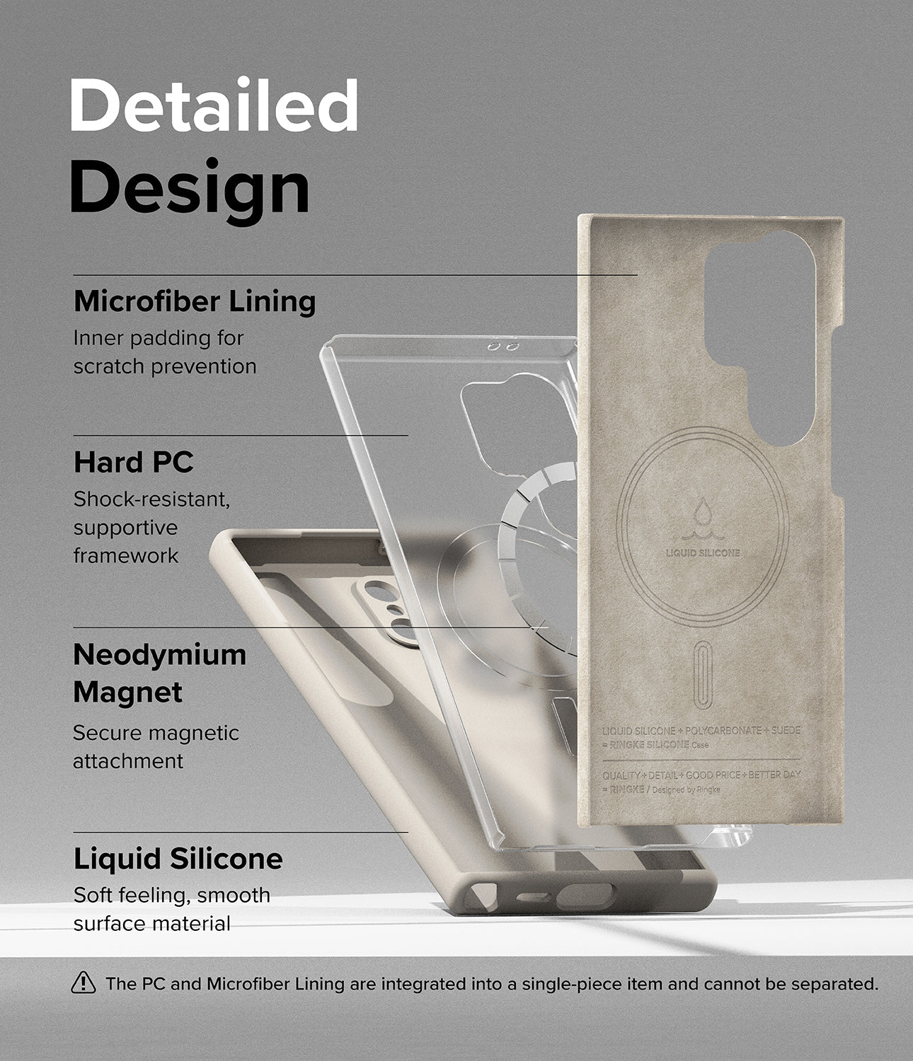 Galaxy S24 Ultra Case | Silicone Magnetic - Stone - Detailed Design. Inner padding for scratch prevention with Microfiber Lining. Shock-resistant, supportive framework with Hard PC. Secure magnetic attachment with Neodymium Magnet. Soft feeling, smooth surface material with Liquid Silicone.