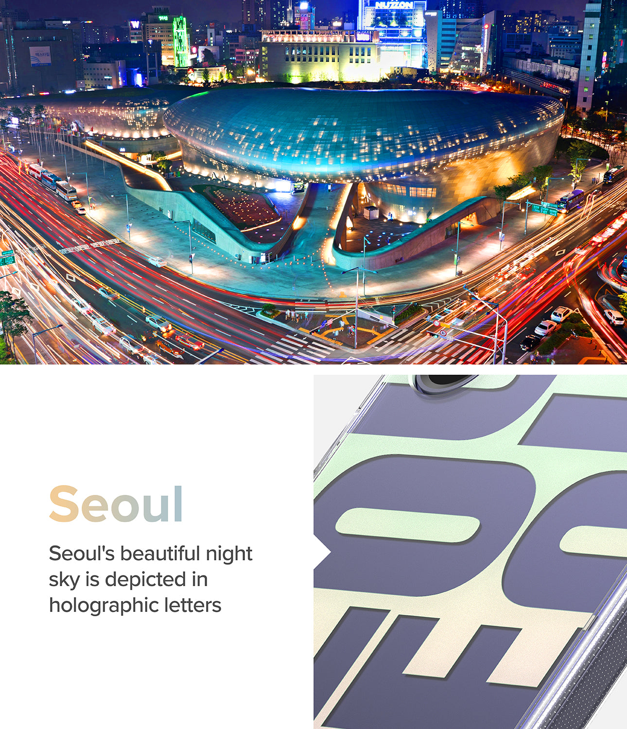 Galaxy S24 Case | Fusion Design - Seoul - Seoul's beautiful night sky is depicted in holographic letters.