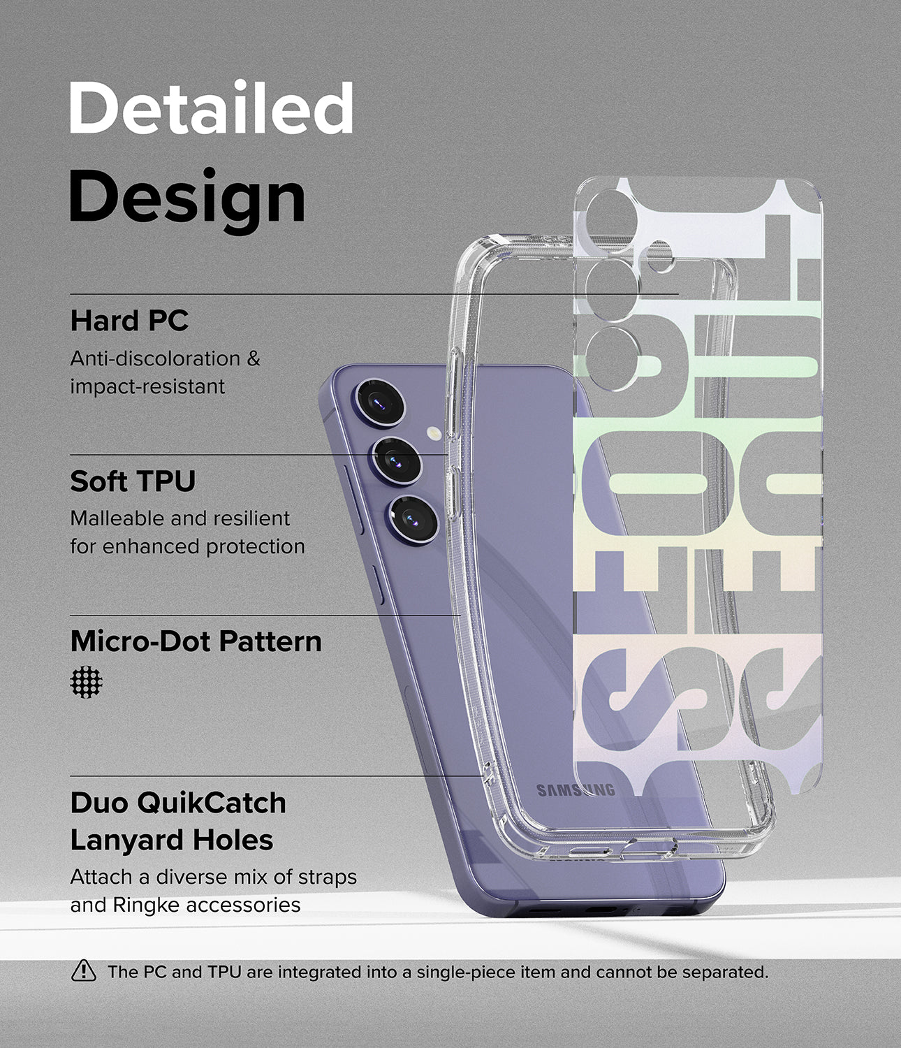 Galaxy S24 Case | Fusion Design - Seoul - Detailed Design. Anti-discoloration and impact-resistant with Hard PC. Malleable and resilient for enhanced protection with Soft TPU. Micro-Dot Pattern. Attach a diverse mix of straps and Ringke accessories with Duo QuikCatch Lanyard Holes.