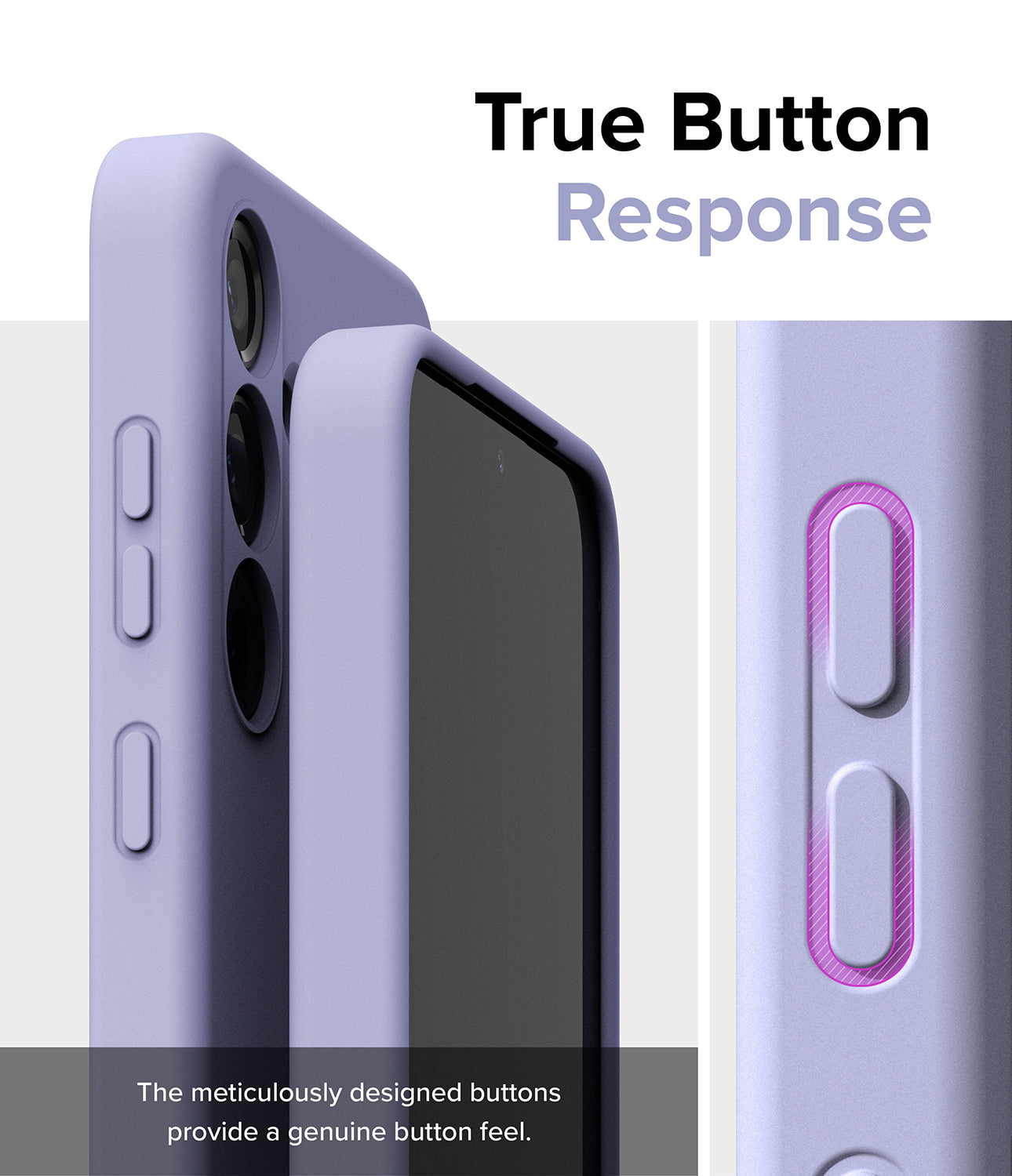 Galaxy S24 Case | Silicone Magnetic - Lavender - True Button Response. The meticulously designed buttons provide a genuine button feel.