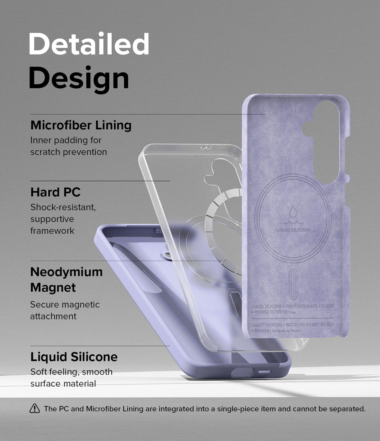 Galaxy S24 Case | Silicone Magnetic - Lavender - Detailed Design. Inner padding for scratch prevention with Microfiber Lining. Shock-resistant, supportive framework with Hard PC. Secure magnetic attachment with Neodymium Magnet. Soft feeling, smooth surface material with Liquid Silicone.