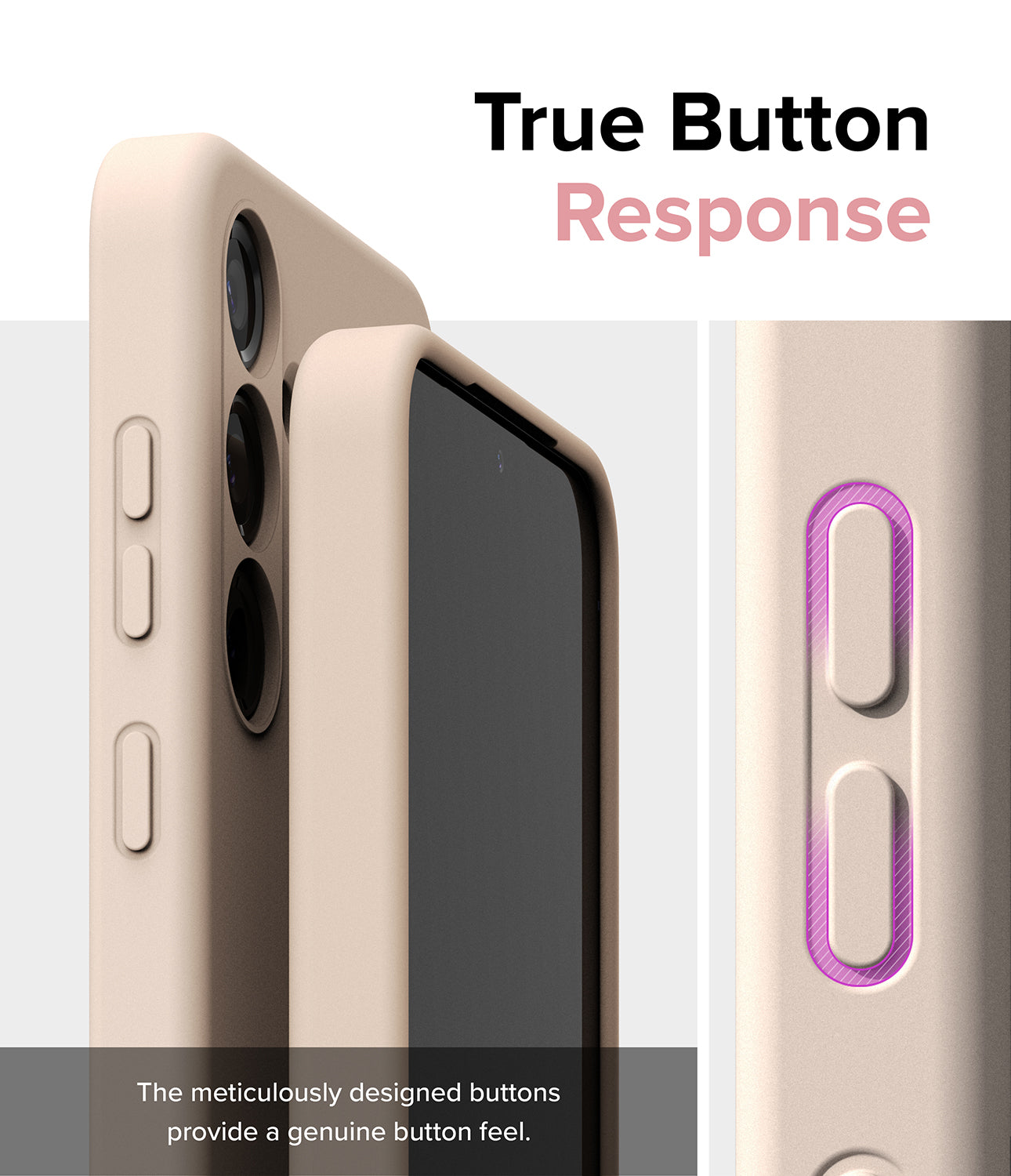 Galaxy S24 Case | Silicone Magnetic - Pink Sand - True Button Response. The meticulously designed buttons provide a genuine button feel.