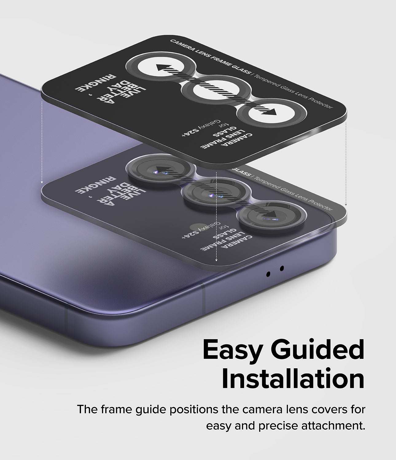 Galaxy S24 Plus Lens Protector | Camera Lens Frame Glass - Easy Guided Installation. The frame guide positions the camera lens covers for easy and precise attachment.