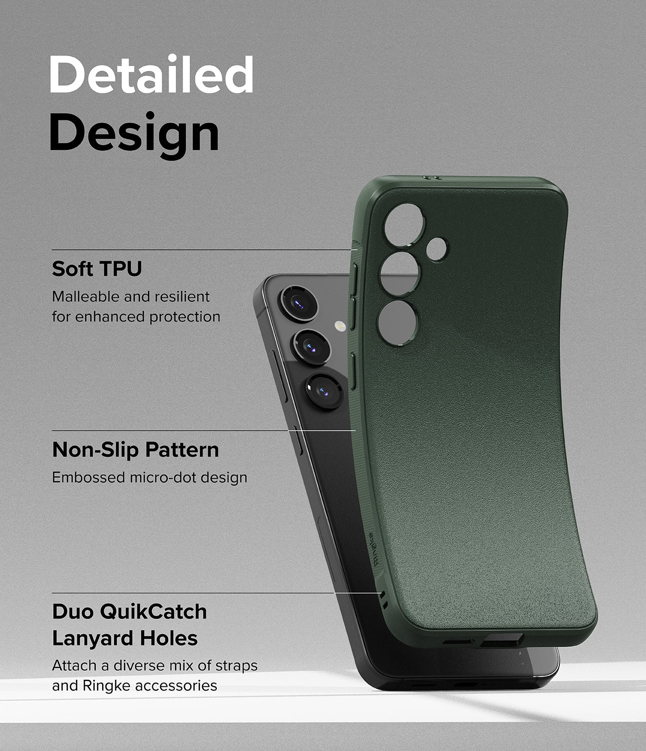 Galaxy S24 Plus Case | Onyx - Dark Green- Detailed Design. Malleable and resilient for enhanced protection with Soft TPU. Embossed micro-dot design with Non-Slip Pattern. Attach a diverse mix of straps and Ringke accessories with Duo QuikCatch Lanyard Holes.