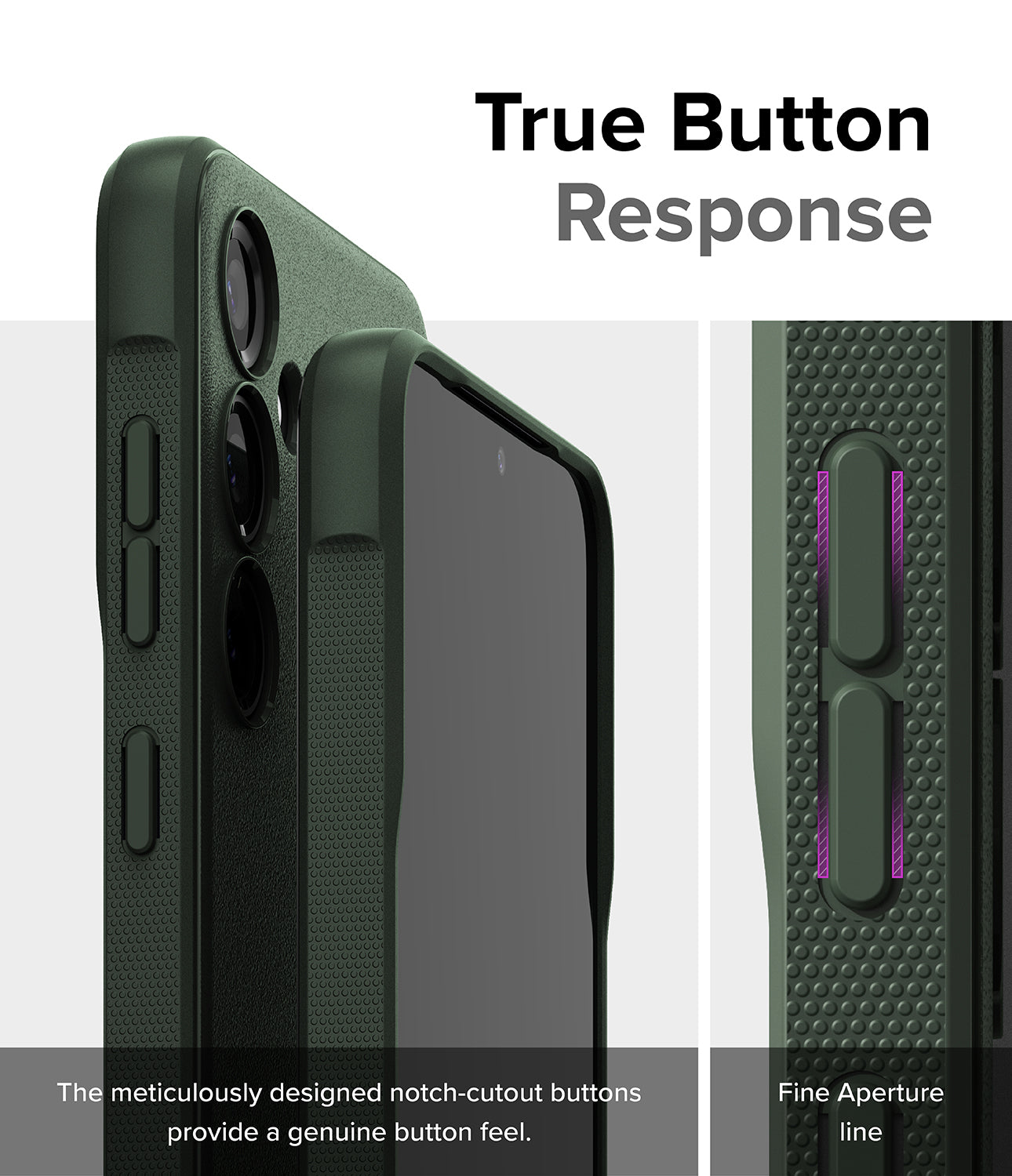 Galaxy S24 Plus Case | Onyx - Dark Green- True Button Response. The meticulously designed notch-cutout buttons provide a genuine button feel. Fine Aperture Line.