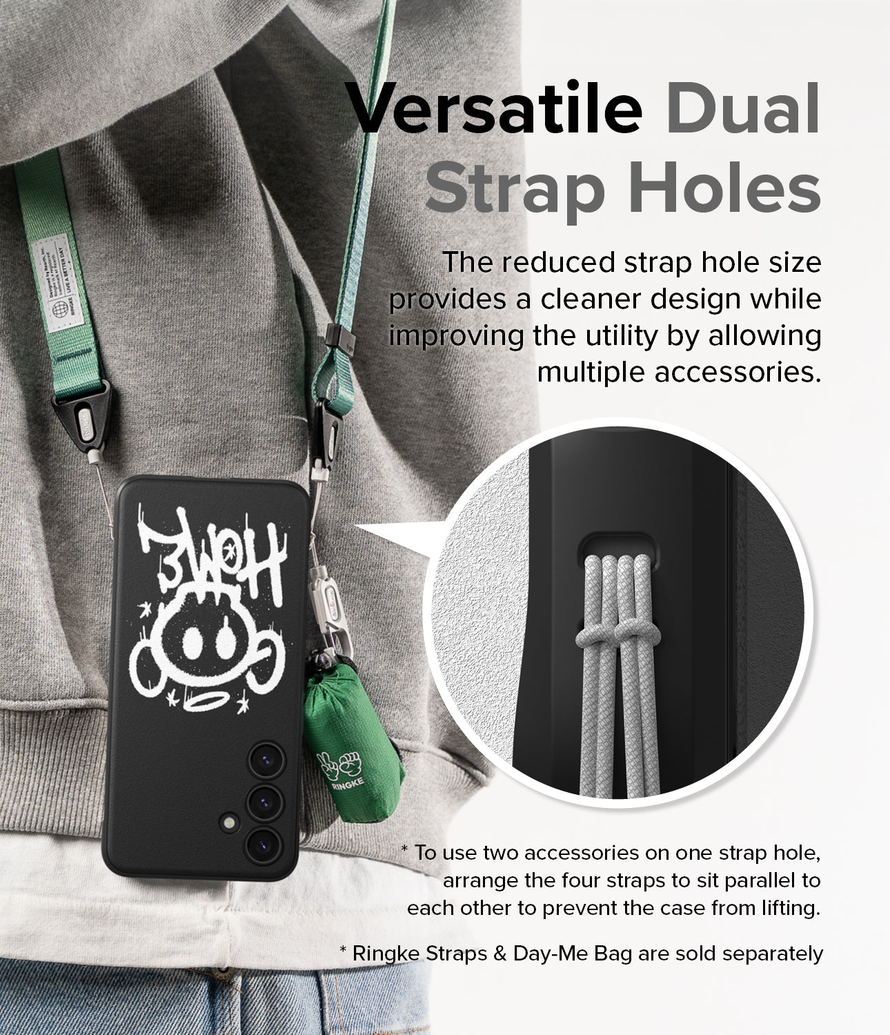 Galaxy S24 Case | Onyx Design - Versatile Dual Strap Holes. The reduced strap hole size provides a cleaner design while improving the utility by allowing multiple accessories.